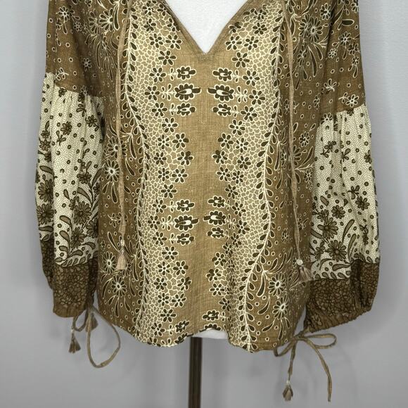 D'ascoli Peasant Blouse Size Medium Brown Floral Long Sleeve Cotton Boho Resort - Picture 3 of 10